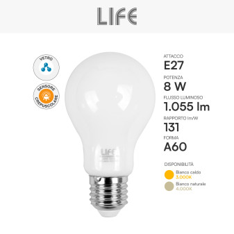 Life Lampadina LED E27 8W Goccia A60 Filament Vetro Bianco con Sensore