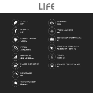 Life Lampadina LED E27 8W Goccia A60 Filament Vetro Bianco con Sensore