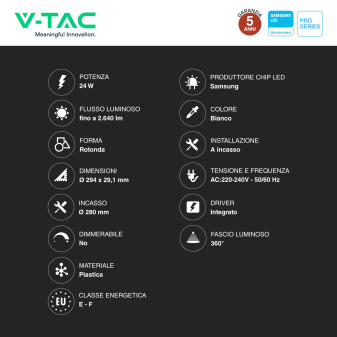 V-Tac Pro VT-61024 Mini Pannello LED Rotondo 24W SMD Chip Samsung