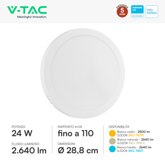 V-Tac Pro VT-60024 Mini Pannello LED Rotondo 24W SMD Chip Samsung
