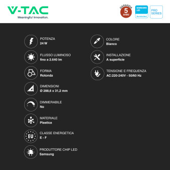 V-Tac Pro VT-60024 Mini Pannello LED Rotondo 24W SMD Chip Samsung