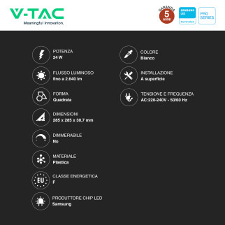 V-Tac Pro VT-60024 Mini Pannello LED Quadrato 24W SMD Chip Samsung