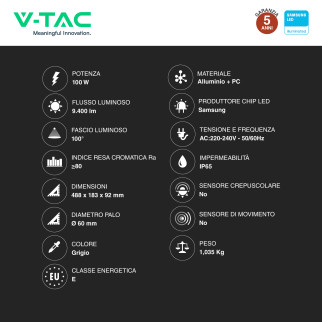 V-Tac VT-105ST Lampada Stradale LED Samsung SMD IP65 Grigio