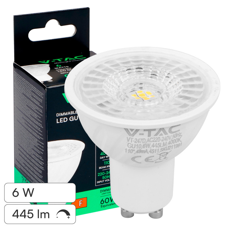 V-Tac VT-247D Lampadina LED GU10 6W Faretto PAR16 SMD Dimmerabile