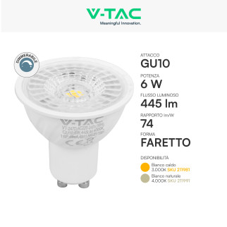 V-Tac VT-247D Lampadina LED GU10 6W Faretto PAR16 SMD Dimmerabile