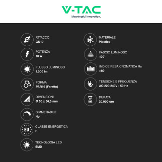V-Tac VT-271 Lampadina LED GU10 10W Faretto PAR16 SMD
