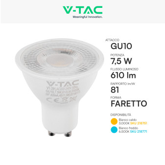 V-Tac VT-291 Lampadina LED GU10 7,5W Faretto PAR16 SMD