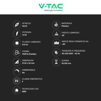 V-Tac VT-291 Lampadina LED GU10 7,5W Faretto PAR16 SMD
