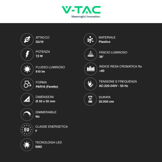 V-Tac VT-291 Lampadina LED GU10 7,5W Faretto PAR16 SMD