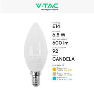 V-Tac VT-268 Lampadina LED E14 6,5W Candela C37 SMD