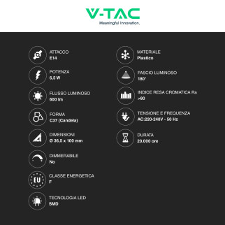 V-Tac VT-268 Lampadina LED E14 6,5W Candela C37 SMD