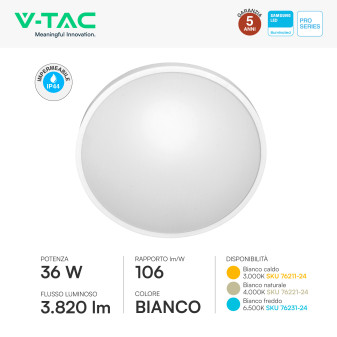 V-Tac Pro VT-8630 Plafoniera LED Rotonda 36W SMD Chip Samsung IP44
