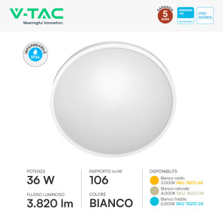 V-Tac Pro VT-8630 Plafoniera LED Rotonda 36W SMD Chip Samsung IP44