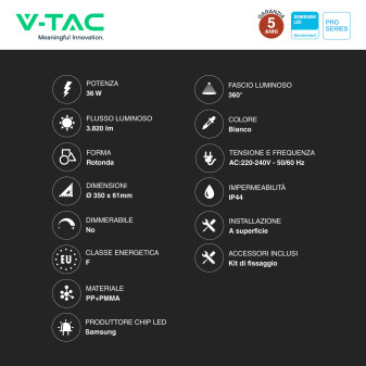 V-Tac Pro VT-8630 Plafoniera LED Rotonda 36W SMD Chip Samsung IP44