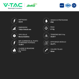 Pannelli Solari Fotovoltaici 445W TOPCon IP68 V-Tac Jinko