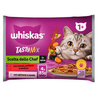 Cibo per Gatti Manzo Pollame Verdure Salmone Carote Whiskas