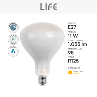 Life Lampadina LED E27 11W Reflector R125 Vetro Frost Filament Dimmer