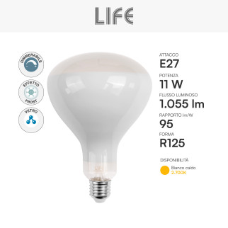 Life Lampadina LED E27 11W Reflector R125 Vetro Frost Filament Dimmer