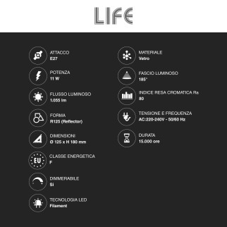 Life Lampadina LED E27 11W Reflector R125 Vetro Frost Filament Dimmer