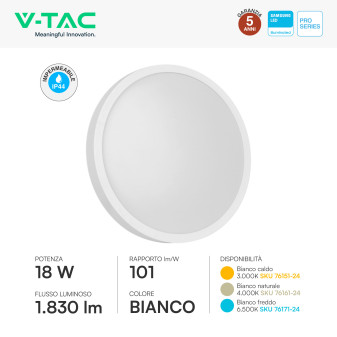 V-Tac Pro VT-8618 Plafoniera LED Rotonda 18W SMD Chip Samsung IP44