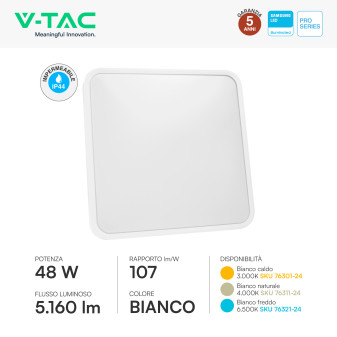 V-Tac Pro VT-8630 Plafoniera LED Quadrata 48W Chip Samsung IP44