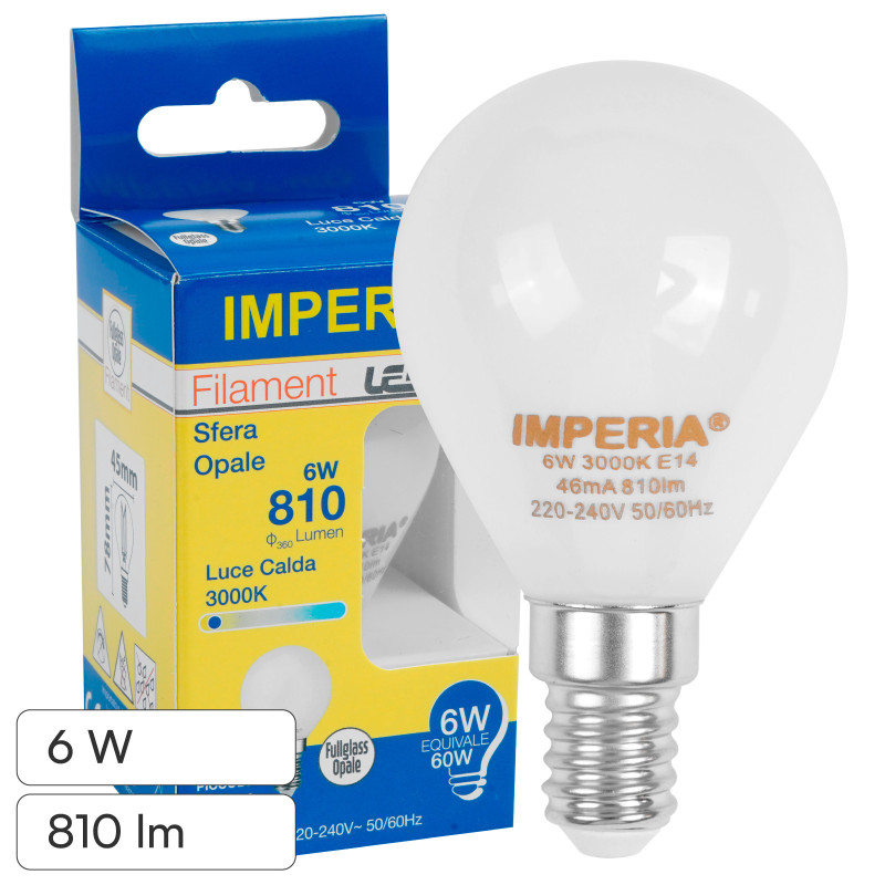 Imperia Lampadina LED E14 6W MiniGlobo P45 Filament in Vetro