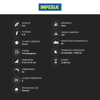 Imperia Lampadina LED E14 6W MiniGlobo P45 Filament in Vetro