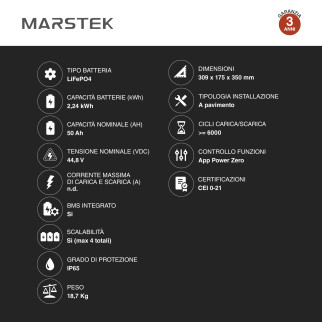 Marstek Batteria BMS LiFePO4 44,8V 50Ah 2,24kWh IP65 Balcone CEI 0-21