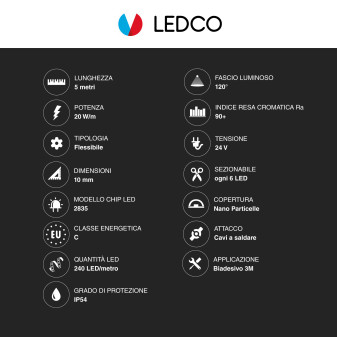 LEDCO Striscia LED 2835 Flessibile 100W 240 LED/m IP54 CRI≥90 5m