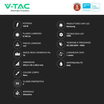 V-Tac VT-44104 Faro LED 100W Faretto SMD Chip Samsung IP65