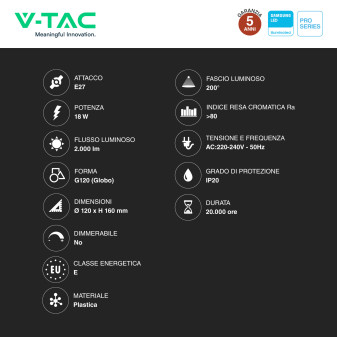 V-Tac Pro VT-288 Lampadina LED E27 18W Globo G120 SMD