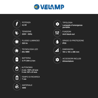Velamp Lampada LED Anti Black-Out 4,5W Portatile Ricaricabile