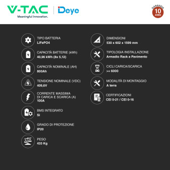 V-Tac Armadio Rack a Pavimento 8 Accumulatori LifePO4 40,96 kWh