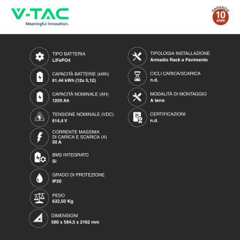 V-Tac Kit 12 Batterie BMS Stack LiFePO4 Fotovoltaico Rack con Base
