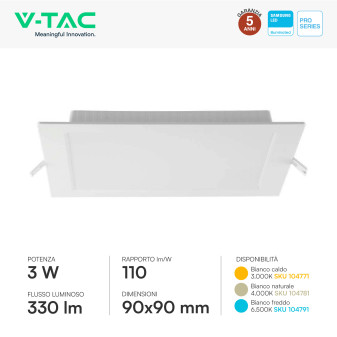 V-Tac Pro VT-61003 Mini Pannello LED Quadrato 3W SMD Chip Samsung