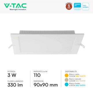 V-Tac Pro VT-61003 Mini Pannello LED Quadrato 3W SMD Chip Samsung