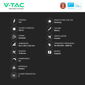 V-Tac Pro VT-61003 Mini Pannello LED Quadrato 3W SMD Chip Samsung