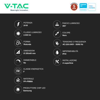 V-Tac Pro VT-8624 Plafoniera LED Rotonda 24W SMD Chip Samsung IP44