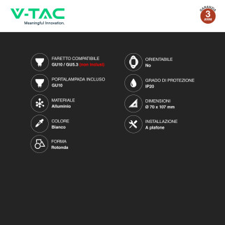 V-Tac VT-802-W Portafaretto Rotondo a Plafone con Portalampada