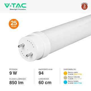 VT-6279 25 Tubi LED T8 G13 9W SMD in Vetro 60cm V-Tac