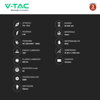 VT-6279 25 Tubi LED T8 G13 9W SMD in Vetro 60cm V-Tac
