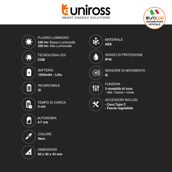 Uniross ProLite Torcia Frontale 350lm Ricaricabile Fascia Regolabile