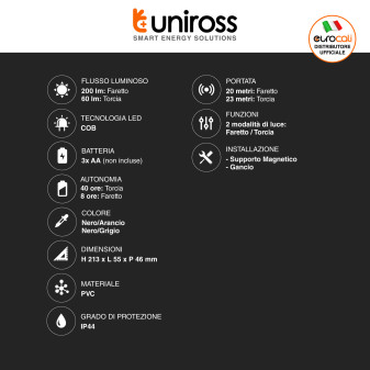 Uniross Torcia Multi-Uso 3W IP44 Doppia Funzione Torcia e Faretto
