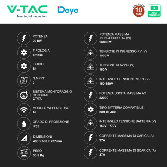 V-Tac Inverter Trifase Ibrido On-Grid / Off-Grid 20kW IP65 CEI 0-21
