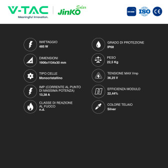 Pannelli Solari Fotovoltaici 485W TOPCon IP68 V-Tac Jinko