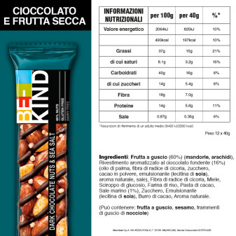 Dark Chocolate Nuts & Sea Salt 12 Barrette 40g Be-Kind