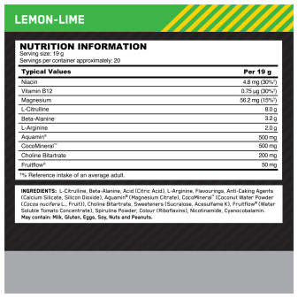 Pre-Workout Senza Caffeina gusto Limone e Lime Optimum Nutrition