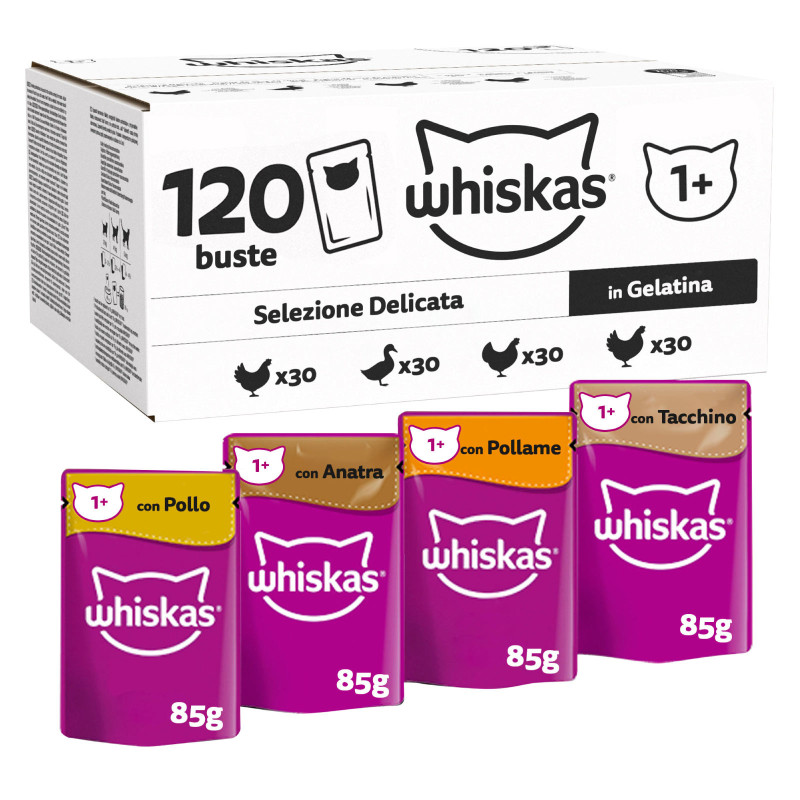 Cibo Gatti 120 Bustine Pollo Anatra Tacchino Pollame Whiskas