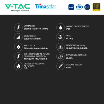 Pannelli Fotovoltaici 610W STC 641W BNPI TOPCon IP68 V-Tac Trinasolar