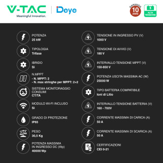 V-Tac Deye Inverter Trifase On-Grid / Off-Grid 25kW IP65